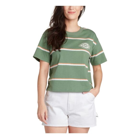 DICKIES Tops - DICKIES Womens Green Ribbed Striped Short Sleeve Crew Neck T-Shirt M